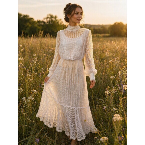 Dresses & Skirts - Vintage Recollections Lace Prairie Dress White Cottagecore Victorian L